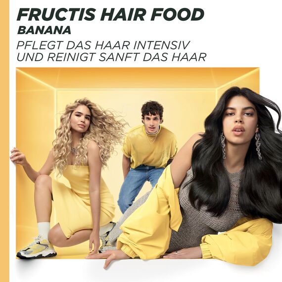 Garnier Fructis Bananen Shampoo, Für strapaziertes Haar, Sanfte Reinigung mit leichtem Schaum, Für mehr Geschmeidigkeit und gepflegtes Haar, Vegane Formel, Ohne Parabene, Hair Food, 3in1, 400ml