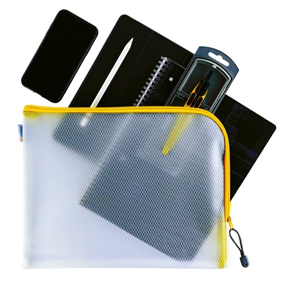 HERMA Dokumententasche A4 mit Reißverschluss, große wasserdichte Reißverschlusstasche, verschließbare Dokumentenmappe aus Kunstoff mit Zipper, halb-transparent, 36 x 28 cm, gelb