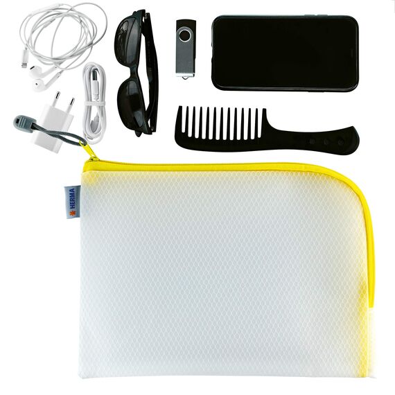 HERMA Dokumententasche A5 mit Reißverschluss, kleine wasserdichte Reißverschlusstasche, verschließbare Dokumentenmappe aus Kunstoff mit Zipper, halb-transparent, 26 x 20 cm, gelb