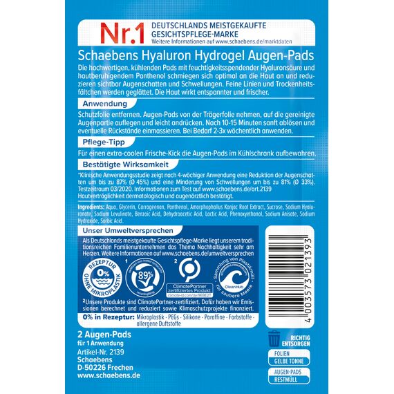 Schaebens Hyaluron Hydrogel Augen-Pads spenden Feuchtigkeit und mindern Augenringe mit Hyaluronsäure und Panthenol für alle Hauttypen vegan