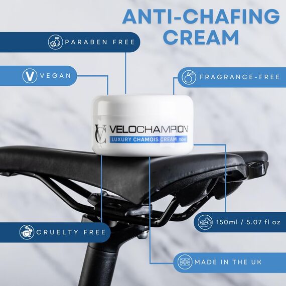 VeloChampion Luxus-Chamois Creme für Radfahrer, Läufer und Sportler | Vegane, kühlende, feuchtigkeitsspendende Anti-Scheuer-Creme | Reduziert Reibung und Scheuern | Geeignet für Männer und Frauen