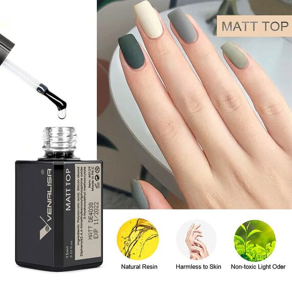 VENALISA 15ml Matte Top Coat UV Nagellack Long Lasting No Wipe Matt Top Coat Soak Off UV LED Nail Gel Polish Nail Art Starter Manicure Salon DIY at Home, 0.53 OZ