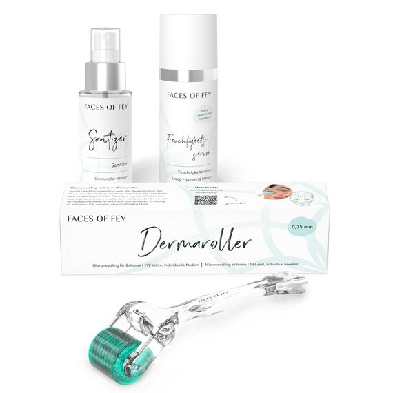 FACES OF FEY Microneedling Set Body – Dermaroller 0,75 mm mit ECHTEN 192 Nadeln gegen Dehnungsstreifen, Cellulite & Hautstraffung + Feuchtigkeitsserum & Sanitizer