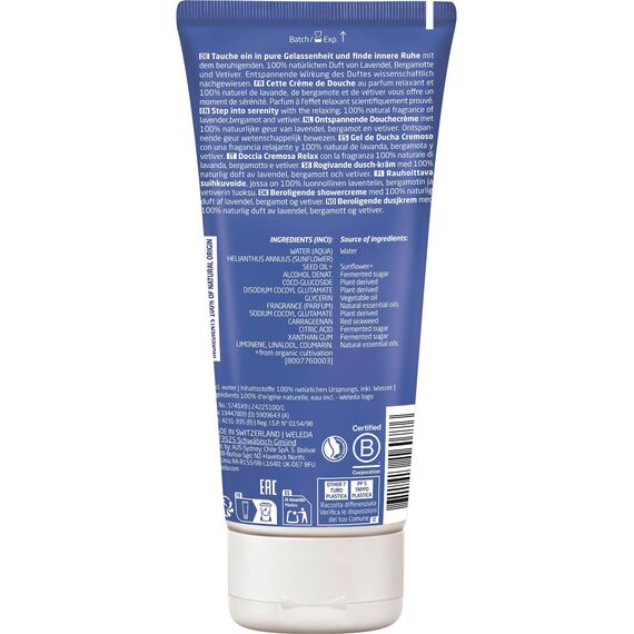 WELEDA Bio Relax Duschgel vegan - Naturkosmetik Aroma Shower Duschseife für Frauen & Männer mit Lavendel / Bergamotte Duft, Natürliche Hautpflege Dusche zur Reinigung von Gesicht & Körper (1x 200ml)