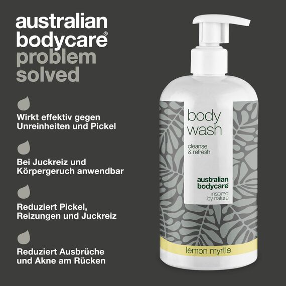 Duschgel Lemon 500 ml mit Teebaumöl bekannten 4-Terpineol von Australian Bodycare. Für Unreine, Trockene Haut, Juckreiz, Körpergeruch und Akne