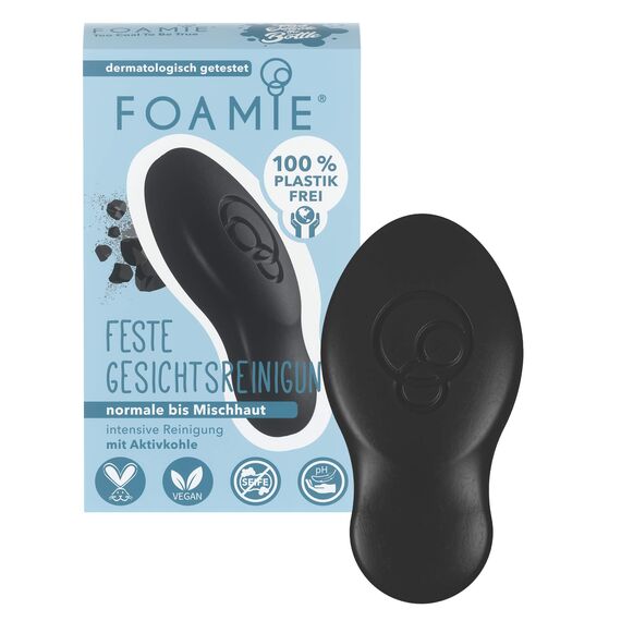 Foamie Feste Gesichtsreinigung Unreine Haut mit Klärender Aktivkohle & Teebaumöl, Gesichtspflege mit Peeling-Effekt, Gesichtspeeling 100% Vegan, Plastikfrei, 60g