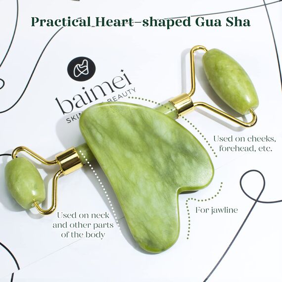 BAIMEI Gua Sha und Gesichtsroller Tool, Jade Roller Gesichts- und Nackenmassagegerät Skincare, Gua Sha Beruhigt und Entspannt Die Haut, Skin care Geschenk für Frauen
