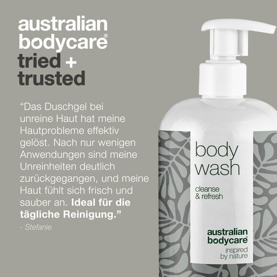 Duschgel Lemon 500 ml mit Teebaumöl bekannten 4-Terpineol von Australian Bodycare. Für Unreine, Trockene Haut, Juckreiz, Körpergeruch und Akne
