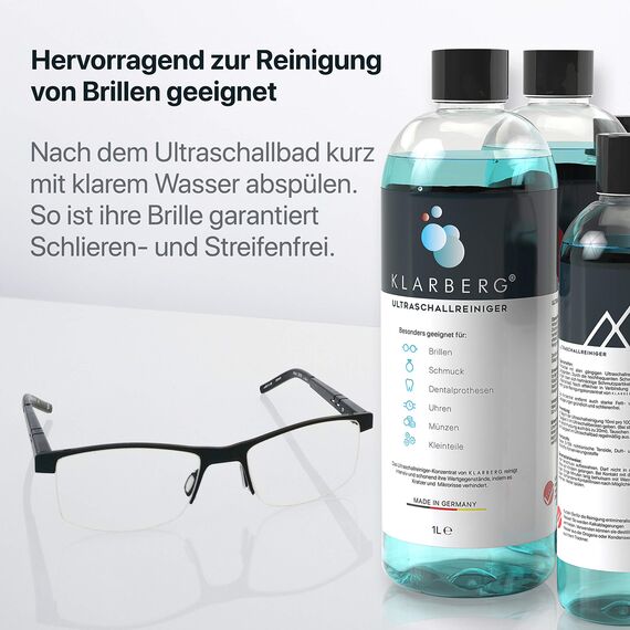 KLARBERG® 1L Ultraschallreiniger Konzentrat I Reinigung von Brillen, Schmuck, Zahnersatz, Uhren im Ultraschallbad I Mit jedem Ultraschallreinigungsgerät nutzbar