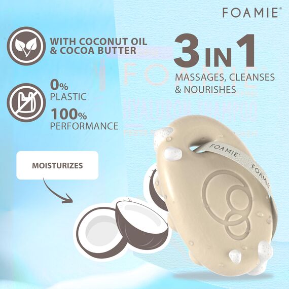 Foamie Body Bar Shake Your Coconuts – Fester Dusch Bar mit Kokosöl & Kakaobutter – 3in1 Massage, Reinigung & Pflege – Für alle Hauttypen – Vegan, plastikfrei & pH-hautneutral, 80 g