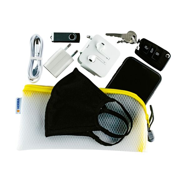 HERMA Dokumententasche mit Reißverschluss, kleine wasserdichte Reißverschlusstasche, verschließbare Dokumentenmappe aus Kunstoff mit Zipper, halb-transparent, 23 x 11 cm, gelb