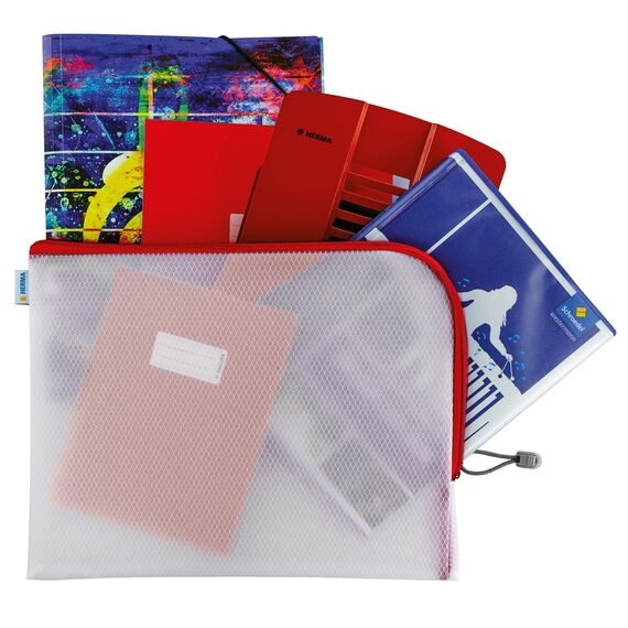 HERMA Dokumententasche A4 mit Reißverschluss, große wasserdichte Reißverschlusstasche, verschließbare Dokumentenmappe aus Kunstoff mit Zipper, halb-transparent, 36 x 28 cm, rot
