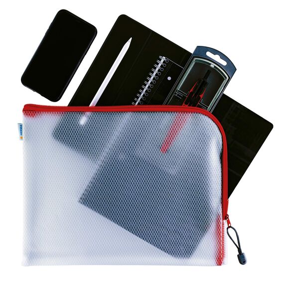 HERMA Dokumententasche A4 mit Reißverschluss, große wasserdichte Reißverschlusstasche, verschließbare Dokumentenmappe aus Kunstoff mit Zipper, halb-transparent, 36 x 28 cm, rot