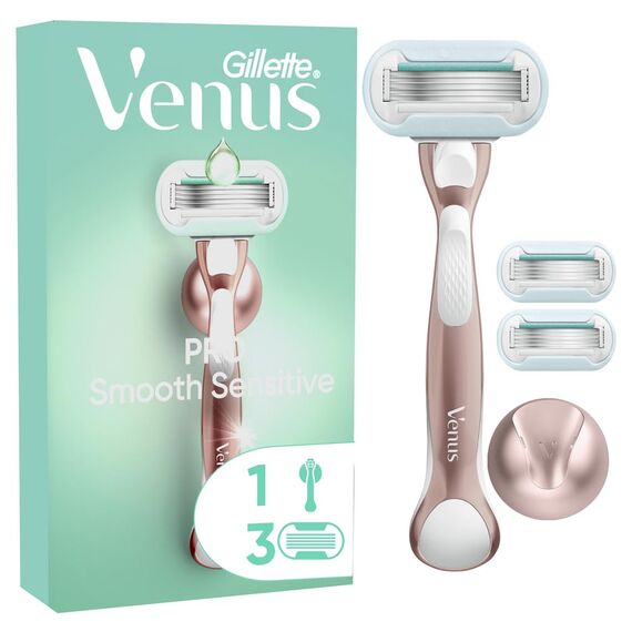 Gillette Venus Deluxe Smooth Sensitive Rosegold Rasierer Damen, Damenrasierer + 3 Rasierklingen mit 5-fach Klingen, mit diamantharter Beschichtung