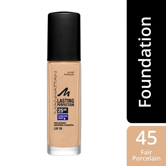 Manhattan Lasting Perfection 25 Stunden Make up, Fair Porcelain 45, feuchtigkeitsspendende Foundation, langanhaltend, hohe Deckkraft, für einen makellosen Teint, 30 ml