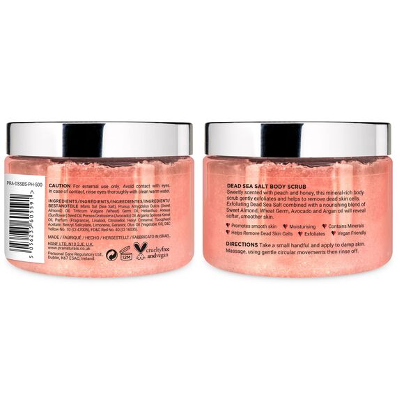 PraNaturals Körperpeeling mit Salz aus dem Toten Meer 500g - Feuchtigkeitsspendend & pflegend, Natürlichen Ölen & Mineralstoffen, keine Parabene, vegan, frei von Tierversuchen (Pfirsiche und Honig)