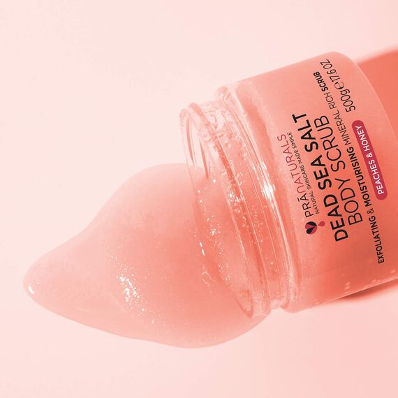 PraNaturals Körperpeeling mit Salz aus dem Toten Meer 500g - Feuchtigkeitsspendend & pflegend, Natürlichen Ölen & Mineralstoffen, keine Parabene, vegan, frei von Tierversuchen (Pfirsiche und Honig)