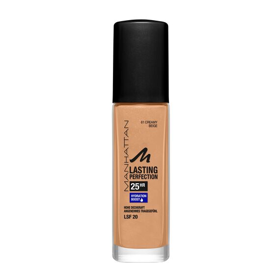 Manhattan Lasting Perfection 25 Stunden Make up, Creamy Beige 61, feuchtigkeitsspendende Foundation, langanhaltend, hohe Deckkraft, für einen makellosen Teint, 30 ml