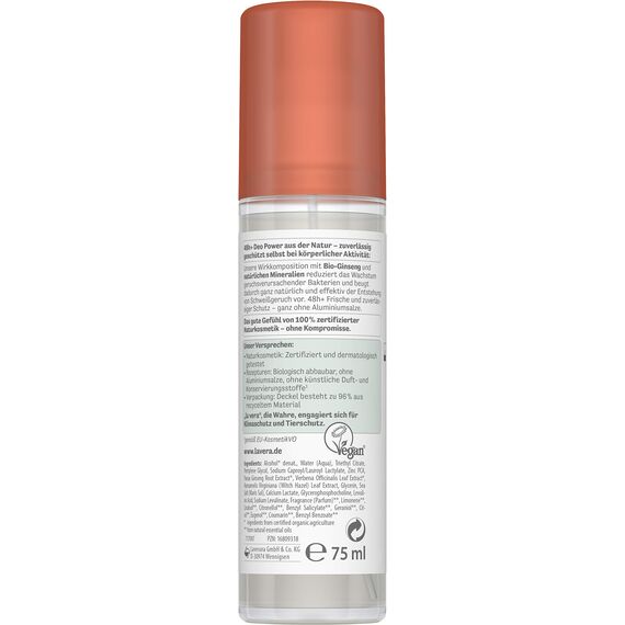 lavera Deo Spray NATURAL & STRONG 48+ h - vegan - Naturkosmetik - Bio-Ginseng & Natürliche Mineralien - Zuverlässiger Schutz für empfindliche Achselhaut -ohne Aluminium - 48 Stunden Deo Schutz - 75 ml