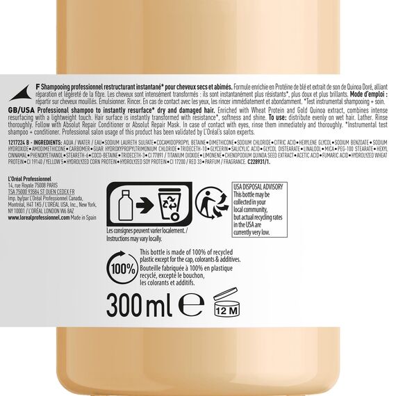 L'Oréal Professionnel Reparierendes Haarshampoo für strapaziertes und trockenes Haar, Mit Quinoa, Serie Expert, Absolut Repair Shampoo, 300 ml