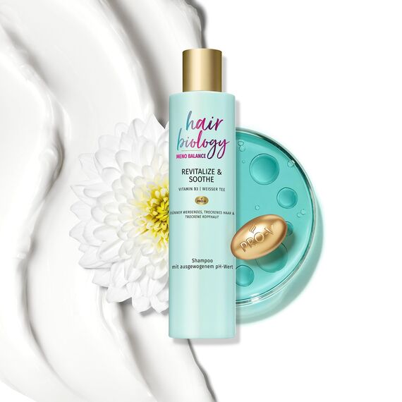 Hair Biology Shampoo, Meno Balance Revitalize & Soothe, 250ml, mit Pro-V, Vitamin B3 und weißem Tee, für dünner werdendes Haar und trockene Kopfhaut, Menopause, Wechseljahre, Haarpflege