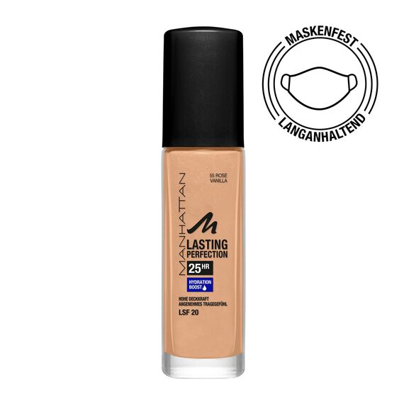 Manhattan Lasting Perfection 25 Stunden Make up, Rose Vanilla 55, feuchtigkeitsspendende Foundation, langanhaltend, hohe Deckkraft, für einen makellosen Teint, 30 ml