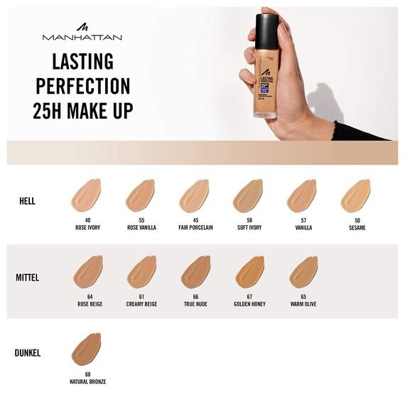 Manhattan Lasting Perfection 25 Stunden Make up, Rose Beige 64, feuchtigkeitsspendende Foundation, langanhaltend, hohe Deckkraft, für einen makellosen Teint, 30 ml