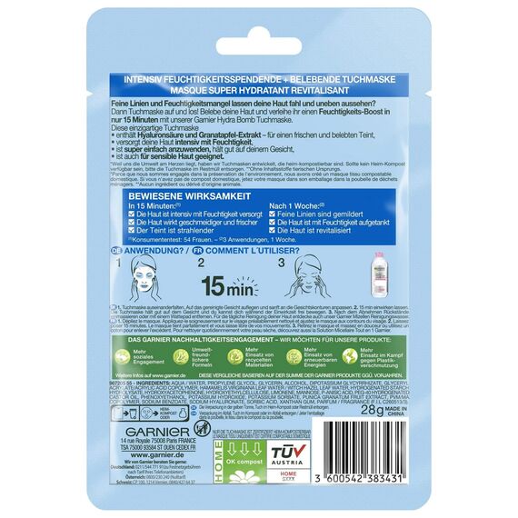 Garnier Tuchmaske, Gesichtsmaske für feuchtigkeitsbedürftige Haut, Revitalisierend und feuchtigkeitsspendend, Mit Hyaluronsäure und Granatapfel-Extrakt, Hydra Bomb, 28 g