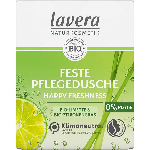 lavera Feste Pflegedusche Happy Freshness - mit Bio-Limette und Bio-Zitronengras - reinigt die Haut sanft, ohne sie auszutrocknen - 3x ergiebiger als flüssiges Duschgel - Naturkosmetik - 1 Stk / 50g