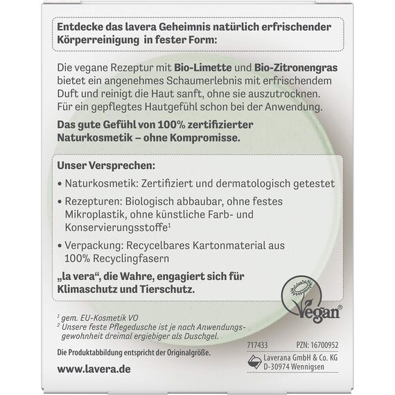 lavera Feste Pflegedusche Happy Freshness - mit Bio-Limette und Bio-Zitronengras - reinigt die Haut sanft, ohne sie auszutrocknen - 3x ergiebiger als flüssiges Duschgel - Naturkosmetik - 1 Stk / 50g