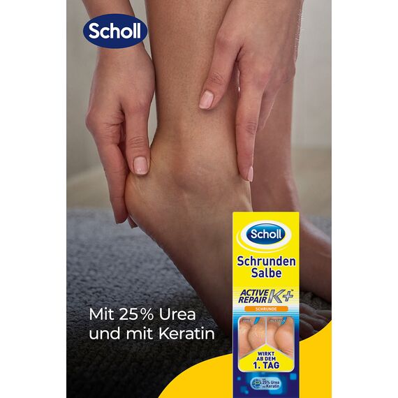 Scholl Schrundensalbe Active Repair K+ Fußcreme, 25 ml, für Trockene, Rissige Fersen, Regeneriert Geschädigte Haut, Intensivpflege mit 25% Urea & Keratin, Parfümfrei, Fußpflege für Schöne Füße
