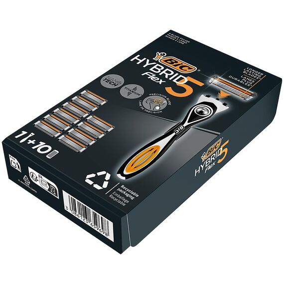 BIC Hybrid 5 Flex Rasierer Herren, Nassrasierer mit 10 Wechselklingen mit je 5 Klingen, mit Aloe Vera & Vitamin E, mit Präzisionstrimmer
