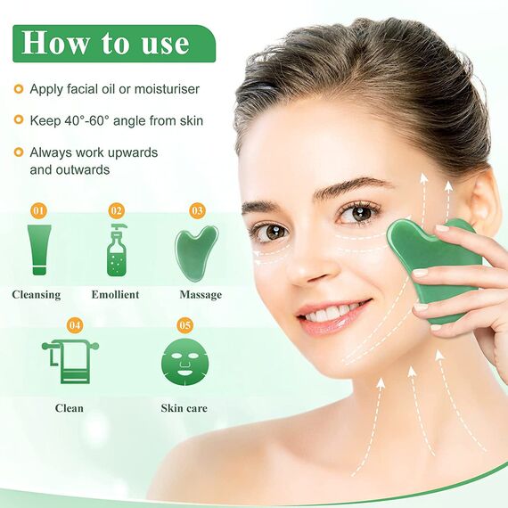 Gua Sha steine gesichts Jade Natur-Stein Herzform Kratz-Massage Tool für Gesicht, Augen, Hals zur Hautpflege, Schönheit und Entspannung der Körpermuskulatur (Grün)