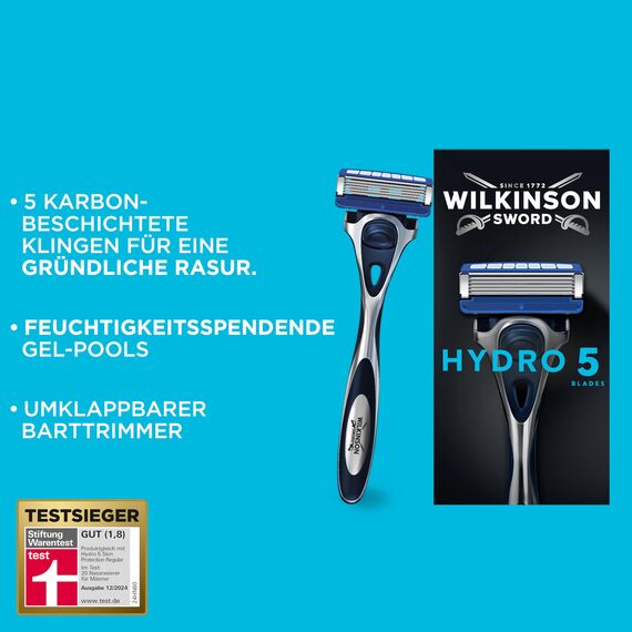 Wilkinson Sword - Hydro 5 Rasierer für Männer, 8 Ersatzklingen, Feuchtigkeitsspendende Gel-Pools und umklappbarer Trimmer