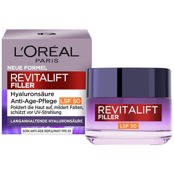 L'Oréal Paris Anti Age Tagespflege LSF 50 für Frauen: hydratisiert die Haut und bekämpft Hautalterung mit 3 Arten von Hyaluronsäure und LSF 50+, Revitalift Filler, 1x 50ml