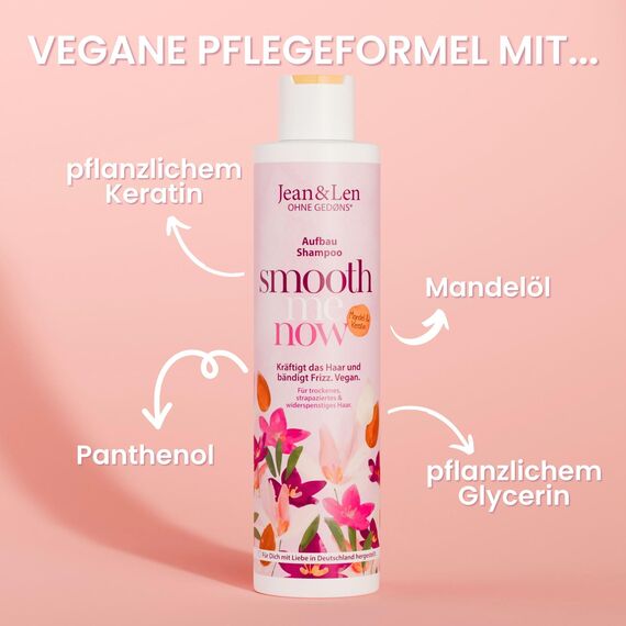 Jean & Len Shampoo Aufbau Mandel & Keratin, für trockenes, strapaziertes & widerspenstiges Haar, kräftigt das Haar, bändigt Frizz und verleiht Glanz, Shampoo ohne Silikone & Parabene, vegan, 300 ml