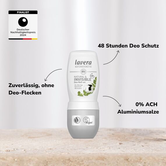 Lavera Deo Roll-on NATURAL & INVISIBLE 48 h - vegan - Naturkosmetik - Bio-Moringa & Natürliche Mineralien - ohne Aluminium - Zuverlässiger Schutz ohne Deo-Flecken - 48 Stunden Deo Schutz - 50 ml