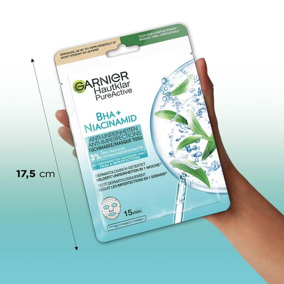 Garnier Tuchmaske, Gesichtsmaske für fettige Haut, Anti-Unreinheiten, Formel mit Teebaumöl und Salizylsäure, Hautklar Aktiv, 23 g