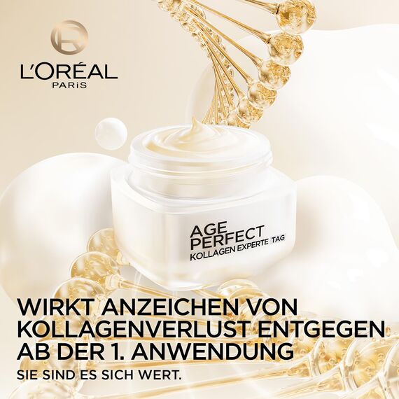 L'Oréal Paris Kollagen Gesichtspflegeset, Anti-Aging Tag und Nacht Feuchtigkeitspflege für straffere Haut, mit Kollagen-Peptid, Age Perfect Kollagen Experte Gesichtscremes, 2 x 50ml