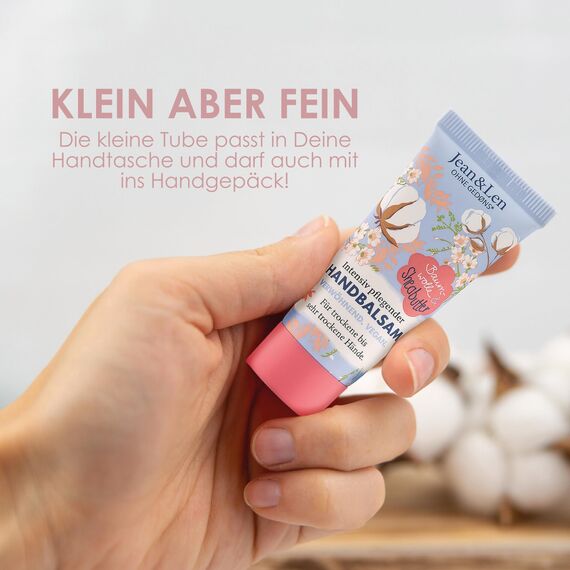 Jean & Len – Handbalsam Baumwolle & Sheabutter, Handpflege für trockene bis sehr trockene Hände, pflegt intensiv und ist dabei besonders mild, ohne Parabene & Silikone, vegan, Mini Handcreme, 20 ml
