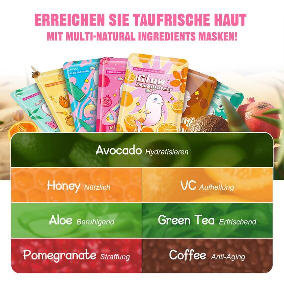 ZealSea Gesichtsmasken, Masken Beauty(14 Stück), Gesichtsmasken Set für Mädchen und Kinder, Feuchtigkeitsspendend/Aufhellend/Beruhigend, für Alle Hauttypen Geeignet