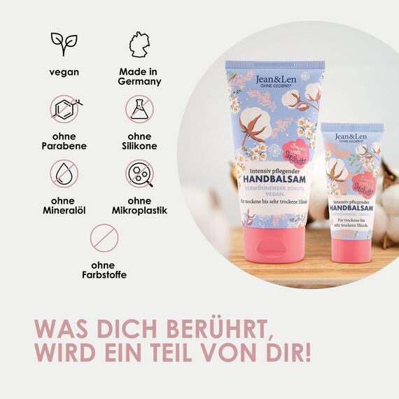 Jean & Len – Handbalsam Baumwolle & Sheabutter, Handpflege für trockene bis sehr trockene Hände, pflegt intensiv und ist dabei besonders mild, ohne Parabene & Silikone, vegan, Mini Handcreme, 20 ml