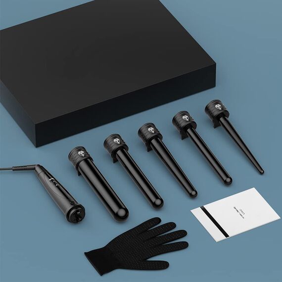 ELEHOT-Store Lockenstab 5 in 1 LCD Keramikbeschichtung Austauschbare Aufsätzen Lockenwickler kit mit Handschuhe Einstellbare Temperatur Schnellaufheizung Lockenstäbe ET-W301