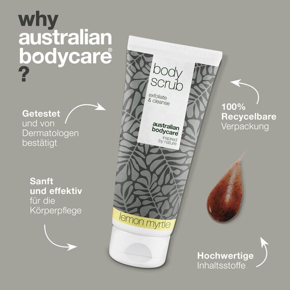 Australian Bodycare Body Scrub 200ml | Teebaumöl + Lemon Myrtle | Körperpeeling bei Pickeln auf dem Rücken & Körper, Unreiner Haut & Eingewachsenen Haaren | Auch als Fußpeeling zur Pflege bei Hornhaut