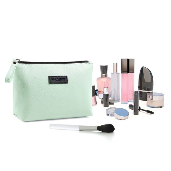 Kleine Kosmetiktasche MAANGE 2 Pcs Kleine Make up Tasche Tragbare Schminktasche wasserdichte PU Leder Make up Tasche mit Griff Vielseitige Reißverschlusstasche für Frauen (Grün + Blau)