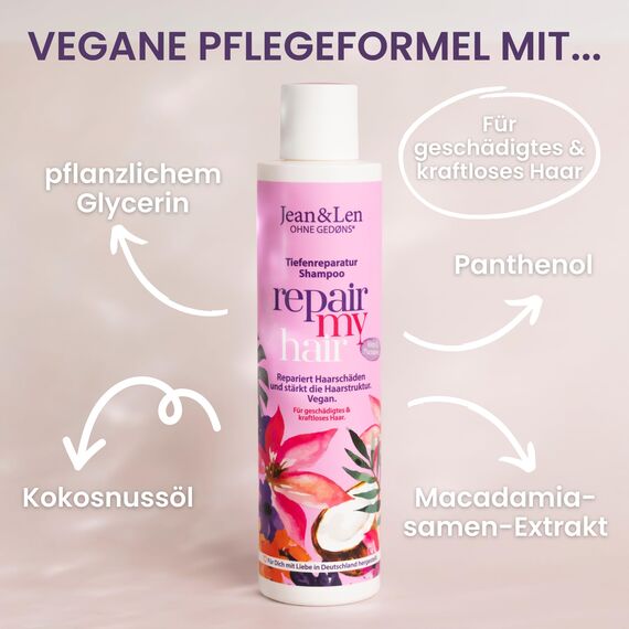 Jean & Len Shampoo Repair Kokosöl & Macadamia, für geschädigtes & kraftloses Haar, beugt Feuchtigkeitsverlust vor, repariert Haarschäden, Kokos-Duft, ohne Parabene & Silikone, vegan 300 ml