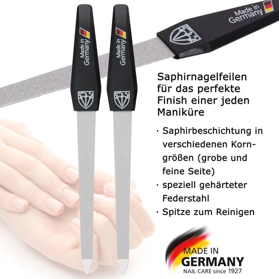DREI SCHWERTER - Saphir Nagelfeilen Set 2+1 | Hochwertiges Nagelset für Maniküre und Pediküre, Made in Germany | Inhalt: 2x Saphir-Nagelfeile und 1x Drei-Weg-Nagelpolierer