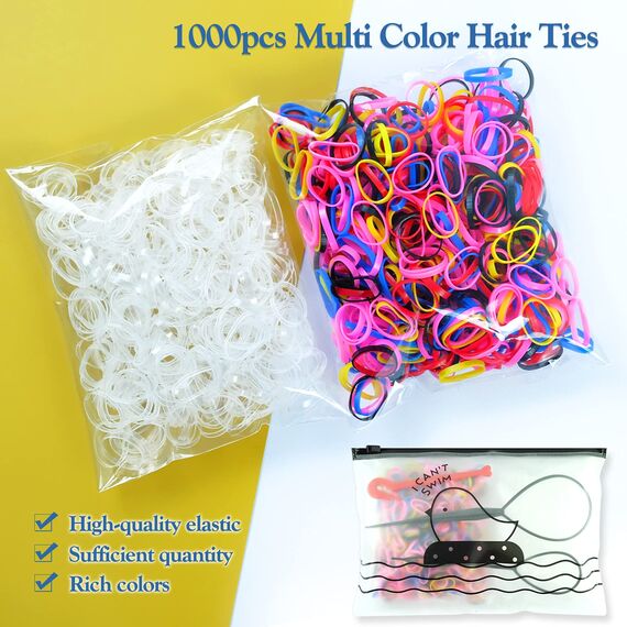 Hanyousheng Mini Haargummis, 1000 Stück KleineHaargummis, Gummi Haargummis Bunt / Transparent, Elastische Haargummis Mädchen für Feines Haar und Haarflechten, Kleine Dreadlocks, 2 Flechthilfe Haare