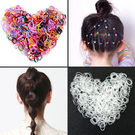 Hanyousheng Mini Haargummis, 1000 Stück KleineHaargummis, Gummi Haargummis Bunt / Transparent, Elastische Haargummis Mädchen für Feines Haar und Haarflechten, Kleine Dreadlocks, 2 Flechthilfe Haare