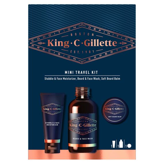 King C. Gillette Mini-Reiseset Probierset Geschenkset Bartpflege-Essentials: 3-Tagebart- & Gesichtspflege 30 ml + Bartshampoo 60 ml + Bart-Balsam 30 ml, Geschenk für Männer